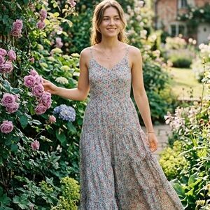 Monteau Floral Spaghetti-Strap Maxi Dress in Pink, Green and Blue